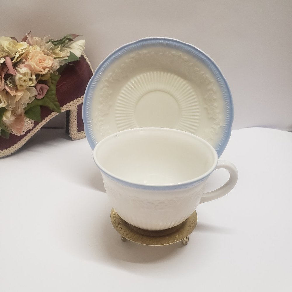 Vintage Alice White Fire King Cup and Saucer by Anchor Hocking